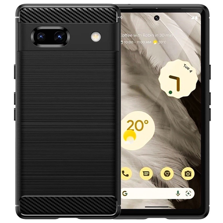Husa de protectie pentru Google Pixel 7a, Carbon Shield, Suprafata aderenta, Spate mat, Anti-amprenta, Finisaj tip fibra, Margini usor ridicate, Flexibila, Confortabila, Design premium, Antisoc, Slim fit, Negru