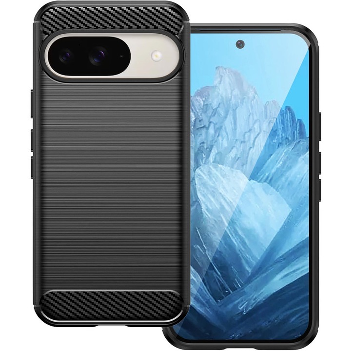 Husa de protectie pentru Google Pixel 9, Carbon Shield, Suprafata aderenta, Spate mat, Anti-amprenta, Finisaj tip fibra, Margini usor ridicate, Flexibila, Confortabila, Design premium, Antisoc, Slim fit, Negru