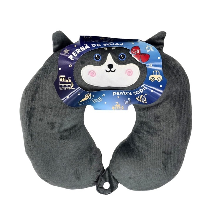 Perna de calatorie, pentru copii, culoare gri carbune, model husky, 31x29x8 cm