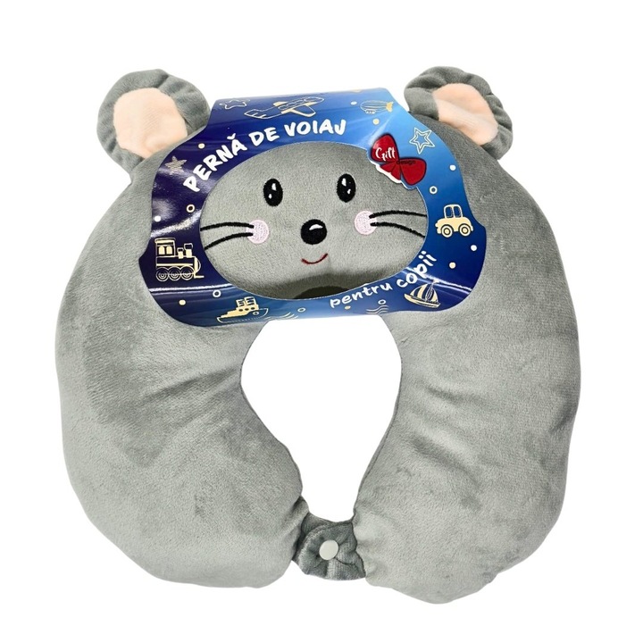 Perna de calatorie Gift Design, soricel gri, 31x29x8 cm, material catifelat, ergonomica