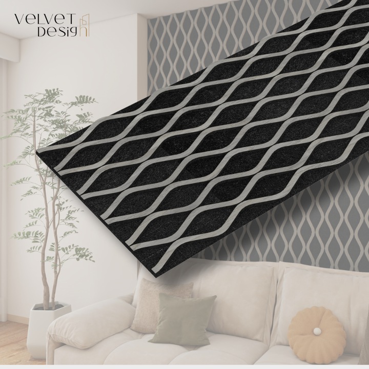 Riflaj decorativ Armonico Line, panou acustic din lamele MDF cu furnir natural si fetru PET, efect 3D, culoare Gri Nordic, 2400 x 600 x 18 mm, 1.44 mp suprafata acoperita, atenuare zgomot 80% (NRC 0.8), Velvet Design