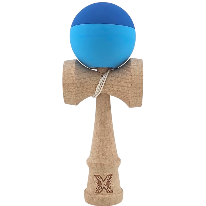 Kendama X Originala, Profesionala, Flippy, din Lemn, Rubber Grip, 18 cm, Albastru/Bleu