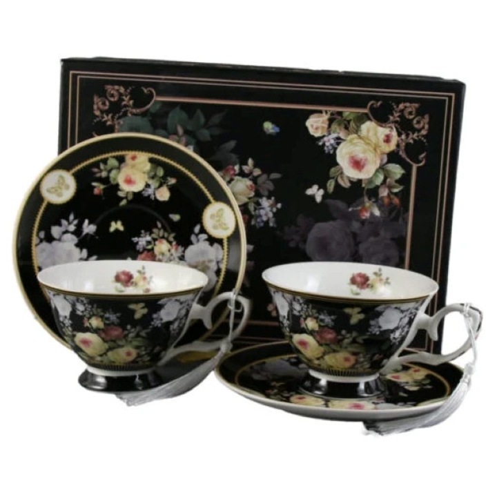 Set Cesti si Farfurii, Ceramica, Design Floral, 4 Piese, 100ml, Negru