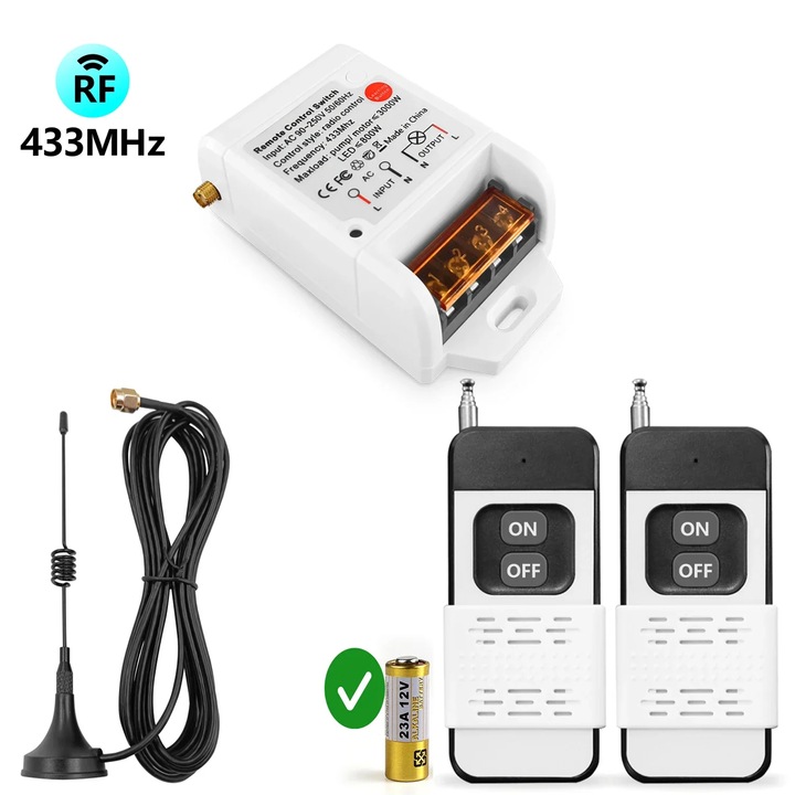 Telecomanda wireless pentru pompa de apa/motor, receptor releu AC 90V-250V 3000W cu 2 emitatoare, raza de actiune 100-300M, pentru lumini/pompa/motor (1+2)