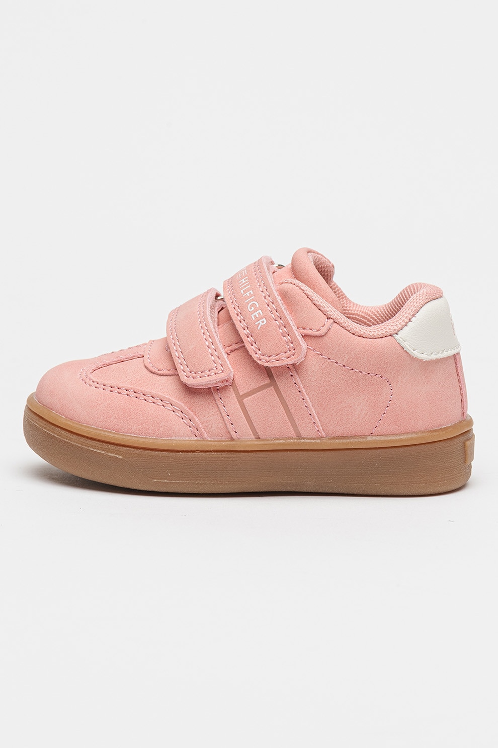 Tommy Hilfiger, Pantofi sport de piele intoarsa ecologica cu velcro, Caramel, Roz prafuit, 28 EU