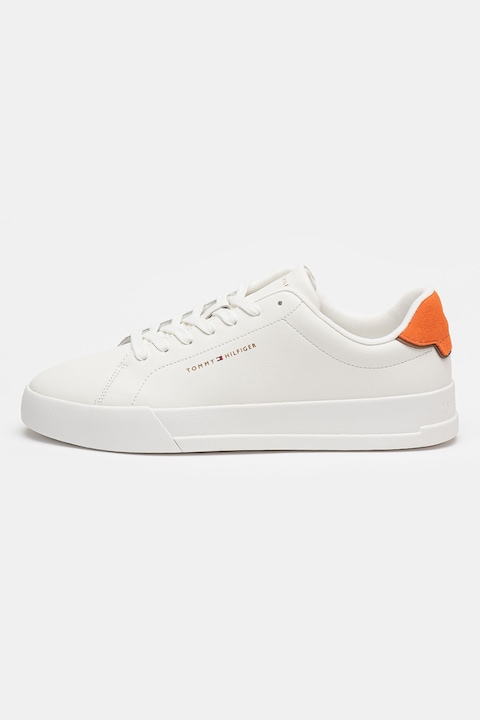 Tommy Hilfiger, Pantofi sport din piele cu insertii din piele intoarsa Court, Portocaliu mandarina/Alb optic