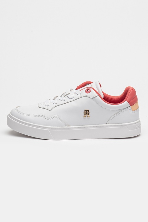 Tommy Hilfiger, Pantofi sport de piele cu logo, Roz zmeuriu/Alb optic
