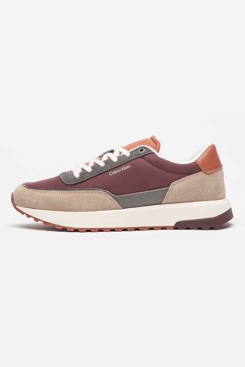 CALVIN KLEIN, Pantofi sport din piele cu insertii de piele intoarsa, Maro taupe deschis/Violet prafuit/Alb murdar