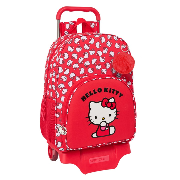 Раница с колелца Hello Kitty Iconic в бяло/червено 33x42x14 см – детска, с подвижна количка, множество отделения