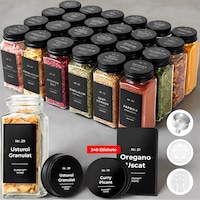 Set 24 Recipiente Condimente Elindor® din Sticla cu Capac Metalic Negru, cu Sita, Organizator Bucatarie, Organizatoare Sertar, Borcane 120 ml, 2 Tipuri de Etichete, Palnie Metalica, Transparent