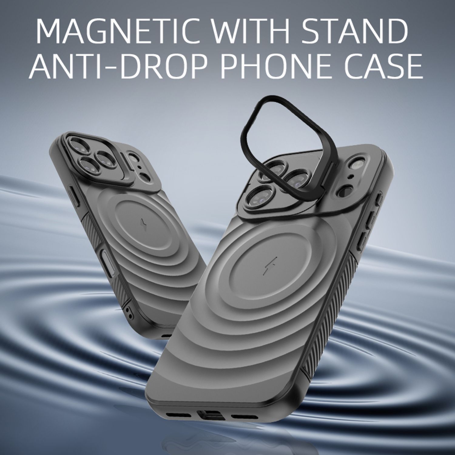 Husa pentru Apple iPhone 17 Pro, Suport Invizibil, Magsafe, Model Valuri, Protectie Antisoc, Textura Prietenoasa Cu Pielea, Negru