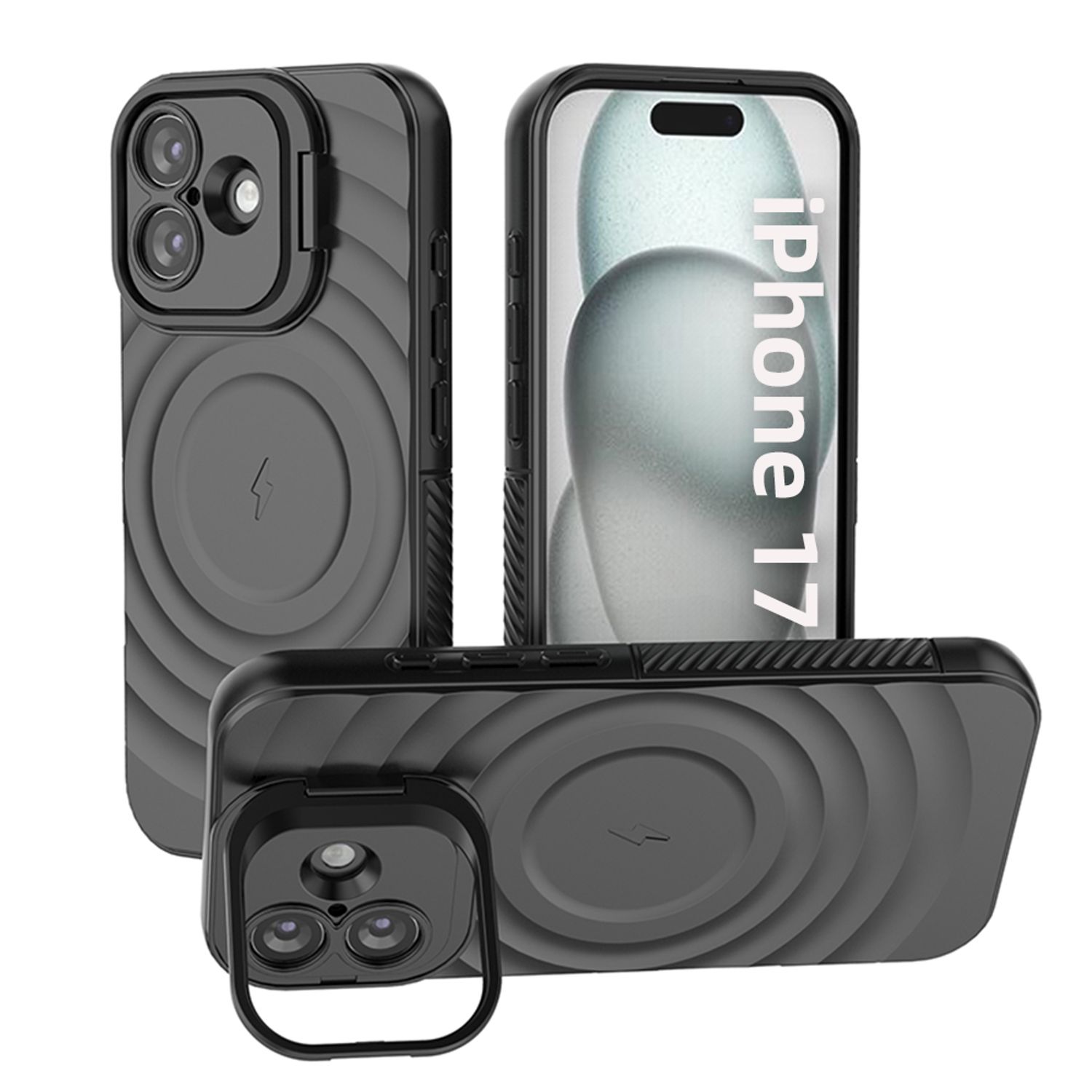 Husa pentru Apple iPhone 17, Suport Invizibil, Magsafe, Model Valuri, Protectie Antisoc, Textura Prietenoasa Cu Pielea, Negru