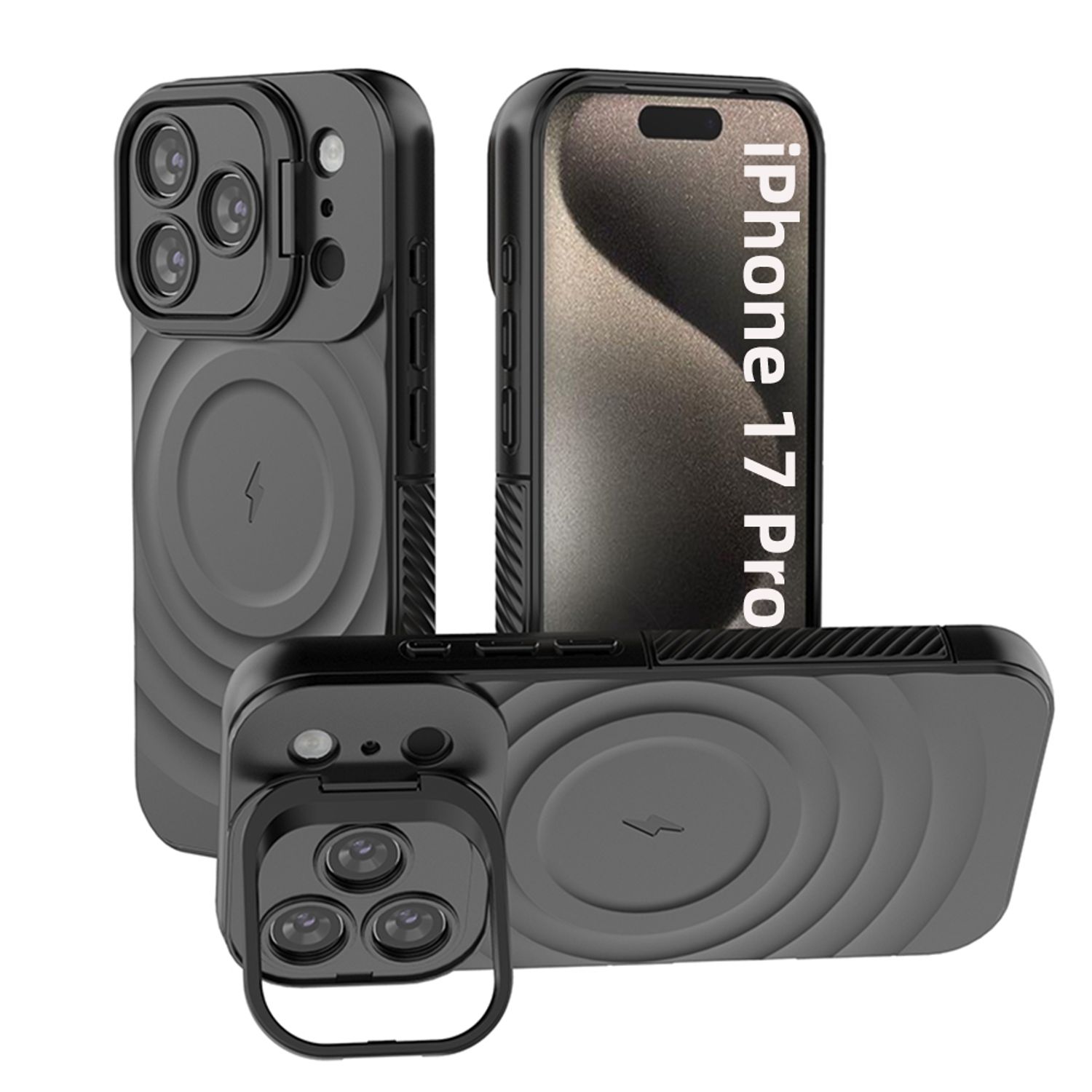 Husa pentru Apple iPhone 17 Pro, Suport Invizibil, Magsafe, Model Valuri, Protectie Antisoc, Textura Prietenoasa Cu Pielea, Negru