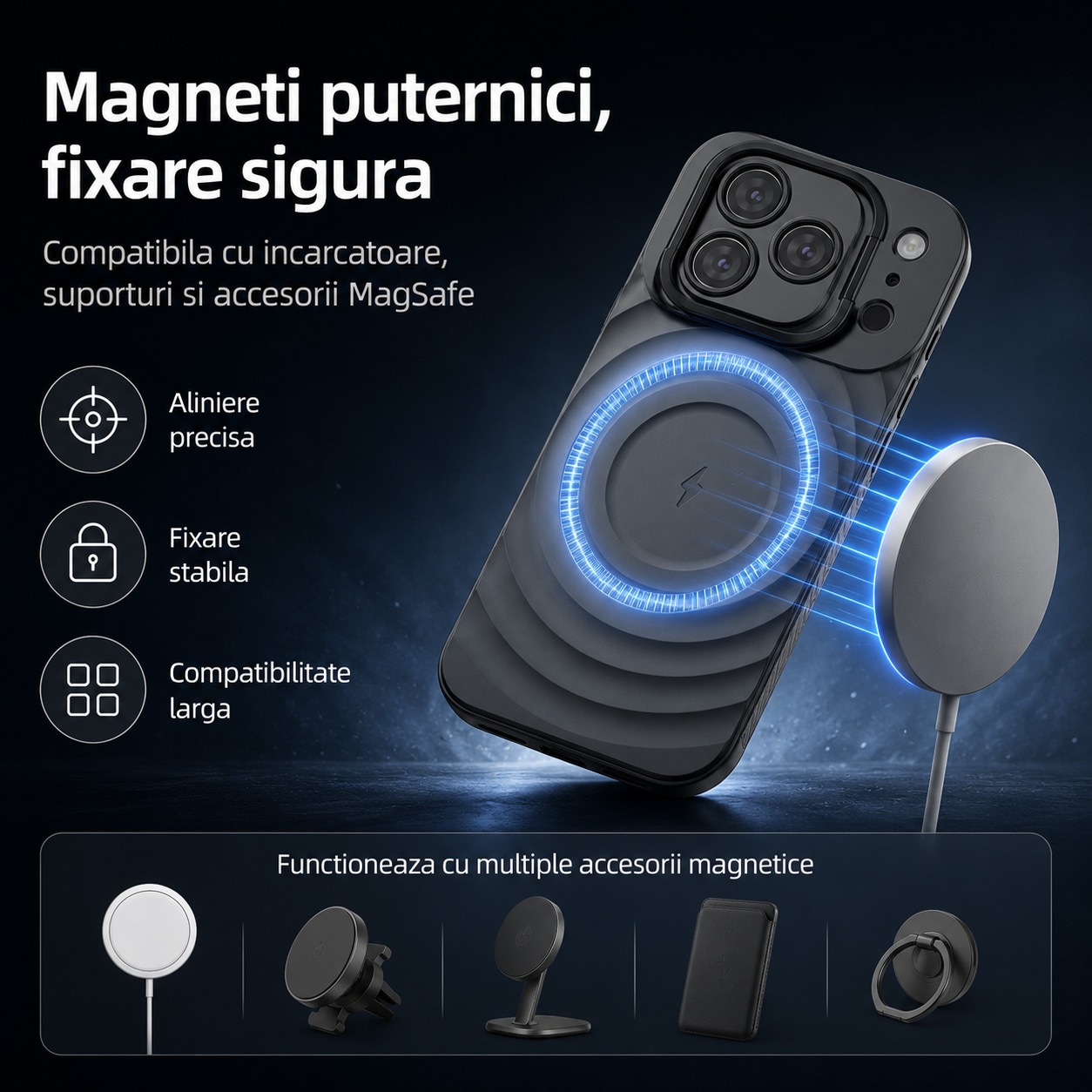 Husa pentru Apple iPhone 17 Pro, MagSafe, Suport Integrat in Rama Camerei, Protectie Antisoc si Camera, Spate Mat Anti-Amprenta, Model Valuri, Negru