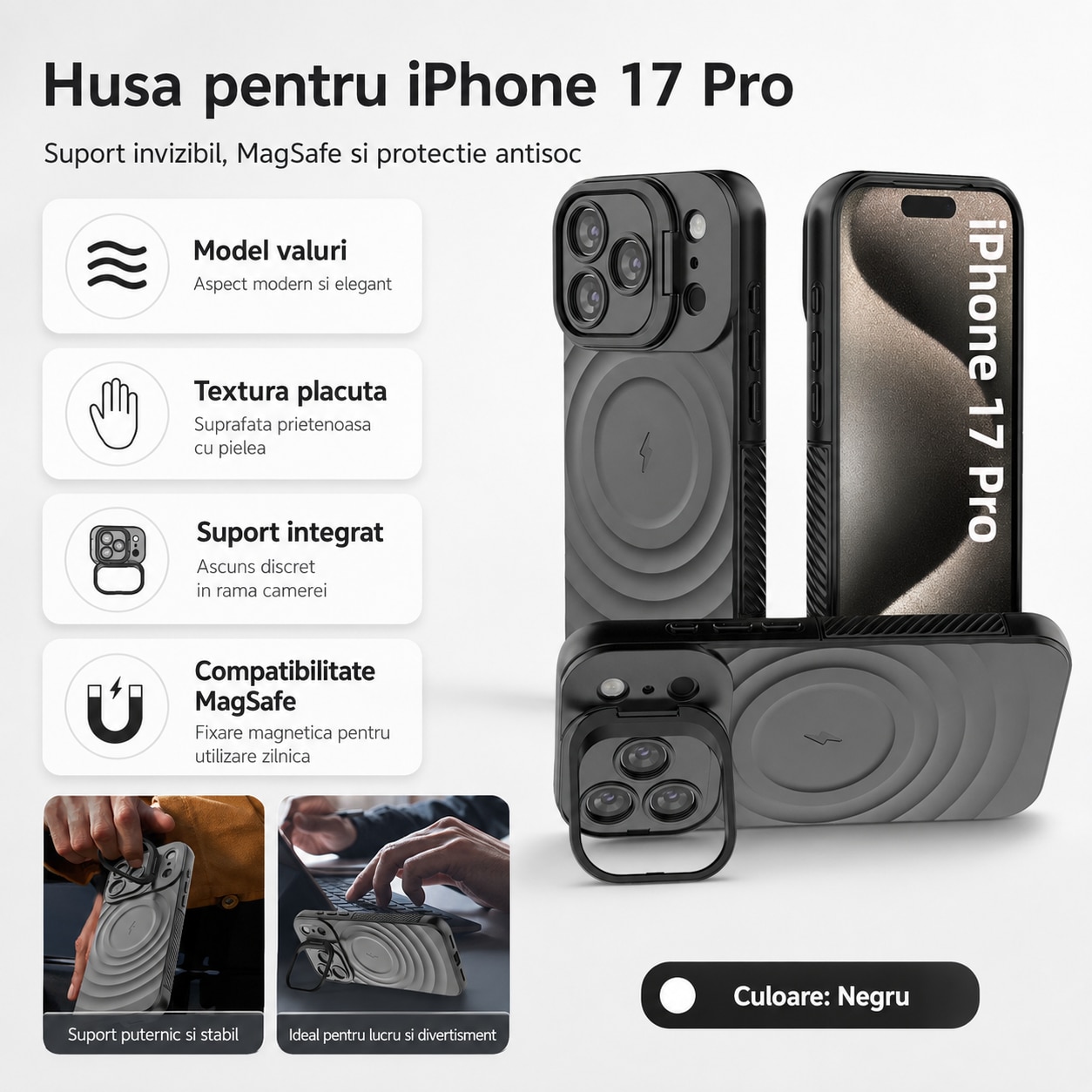 Husa pentru Apple iPhone 17 Pro, MagSafe, Suport Integrat in Rama Camerei, Protectie Antisoc si Camera, Spate Mat Anti-Amprenta, Model Valuri, Negru