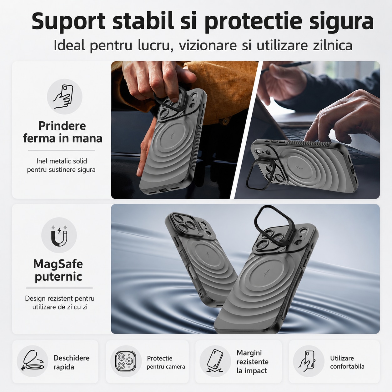 Husa pentru Apple iPhone 17 Pro, MagSafe, Suport Integrat in Rama Camerei, Protectie Antisoc si Camera, Spate Mat Anti-Amprenta, Model Valuri, Negru