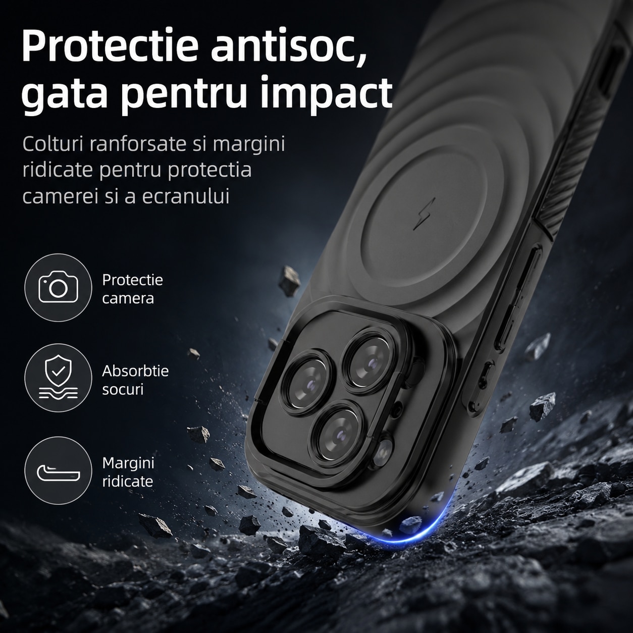 Husa pentru Apple iPhone 17 Pro, MagSafe, Suport Integrat in Rama Camerei, Protectie Antisoc si Camera, Spate Mat Anti-Amprenta, Model Valuri, Negru