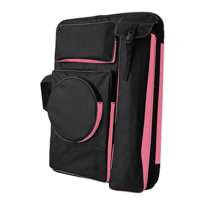 Rucsac portofoliu A4, material Oxford, design spatios, negru-roz, 12cmx50cmx65cm