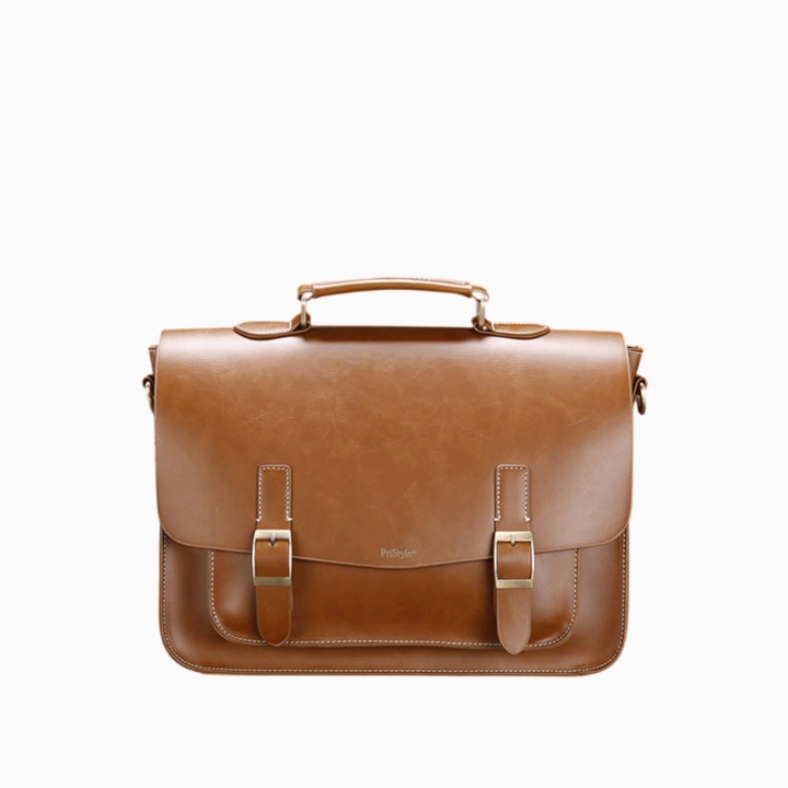 Geanta Business din Piele Ecologica Premium, Tip Servieta, cu Doua Catarame Metalice, Compartiment Laptop, Curea Reglabila, Ideala pentru Office si Calatorii, 26 cm x 37 cm x 10 cm, Maro, PriStyle®