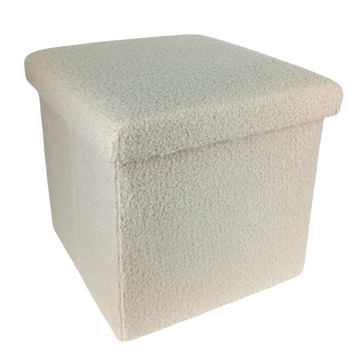 Taburet Tapitat Pliabil cu Spatiu de Depozitare, Tip Cutie, Otoman, 38X38X38 cm, Crem