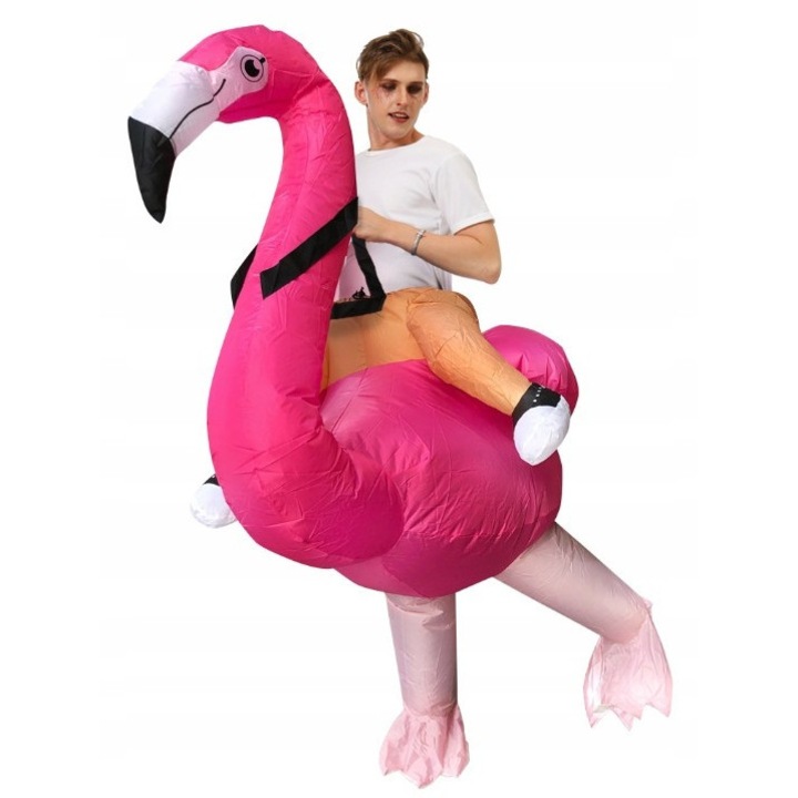 Costum de flamingo, roz, pentru adult, inaltime 150-195 cm, ventilat, setul include un mecanism de umflare, Poliester, roz, ideal pentru carnaval