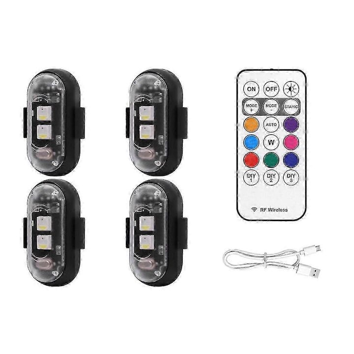 Set 4 lumini stroboscopice LED, wireless, cu telecomanda, 8 culori, incarcare USB, impermeabile