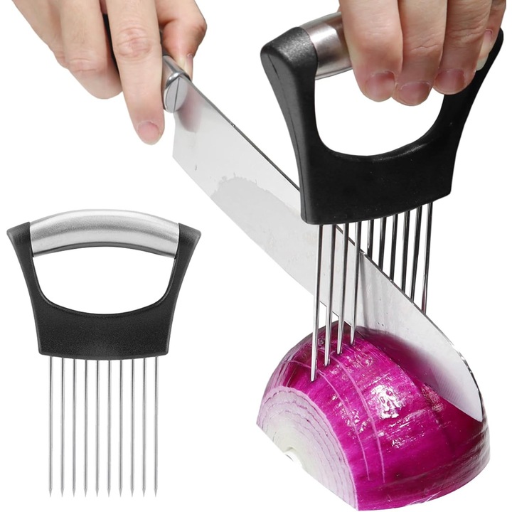 Suport pentru feliere ceapa, ghid de taiere din otel inoxidabil 304, 10 furci ascutite, maner ergonomic anti-alunecare, lavabil in masina de spalat, Negru/argintiu, 1 buc