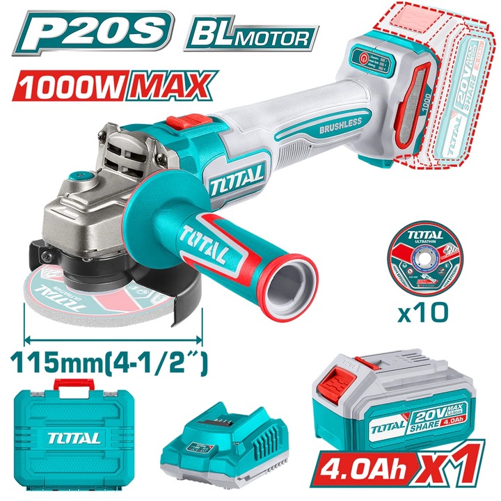 Polizor unghiular pe acumulator TOTAL, 20V, 4.0Ah, motor fara perii, diametru disc 115mm, 9000 rpm, include 1 acumulator, 1 incarcator