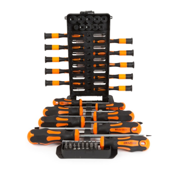 Csavarhúzó készlet, táskával, 45 darabos, fekete - narancssárga