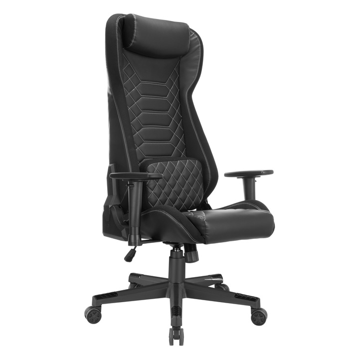 Scaun Gaming si Office Ergonomic StableDesk StableChair™ Gaming Director, Piele Ecologica Neagra, Spatar Rabatabil 150°, Cotiere 2D Reglabile, Baza Nylon, Piston Gaz Clasa 3, Sustinere 150kg, Confort 8h/zi - Negru