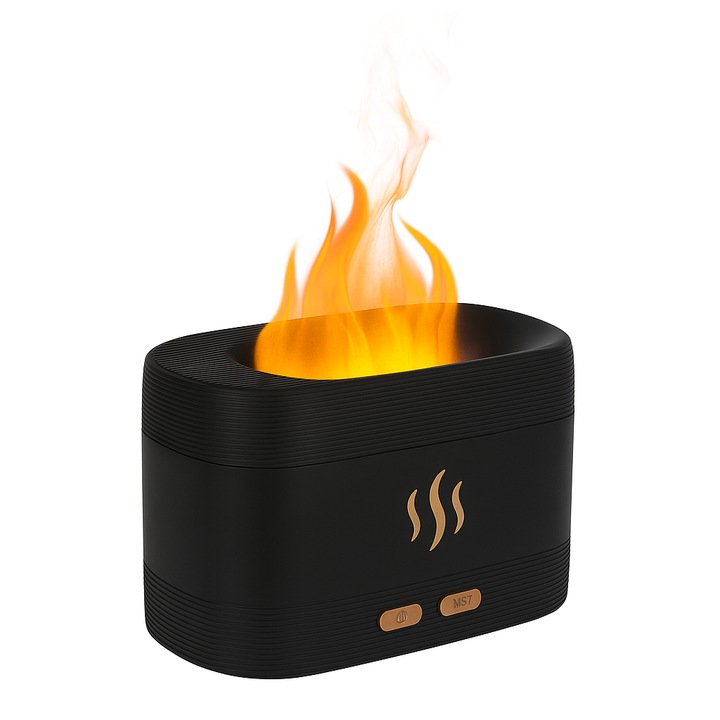 Difuzor aromaterapie Flame - Difuzor de Arome, Umidificator de Aer, Lampa de Noapte, Lumina LED, Umidificare, Anti-stres, ideal pentru relaxare, Lunga durata, Negru
