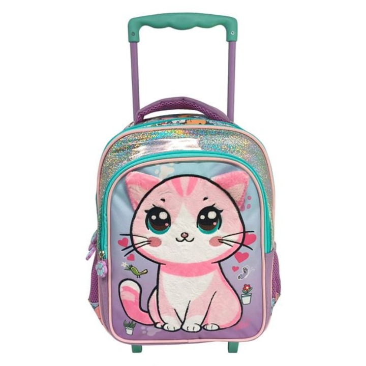 Ghiozdan Troler Verde Lila Gradinita cu Model Pisica cu Ochi Mari 27x13x38cm