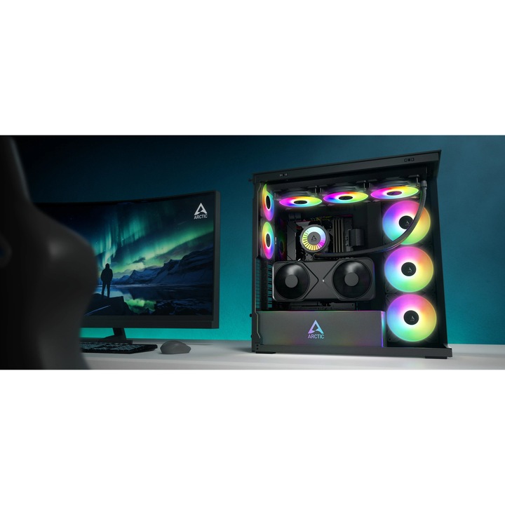 Компютърна кутия Arctic кутия Case E-ATX - Xtender VG (Mirror Black) - PCIe Gen 4 riser included, 5 A-RGB Fans included ACPCC00019A