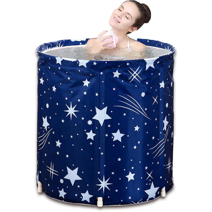 Cada pliabila, SPA, cada pentru adulti, familie, baie, 70 x 65 cm, cada din plastic cu izolatie din bumbac. (albastra, stea)