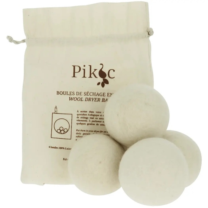 Set 4 bile din lana pentru uscator Pikoc, reutilizabile, reduc consumul de energie, inmoaie si catifeleaza tesaturile, reduc timpul de uscare, alb