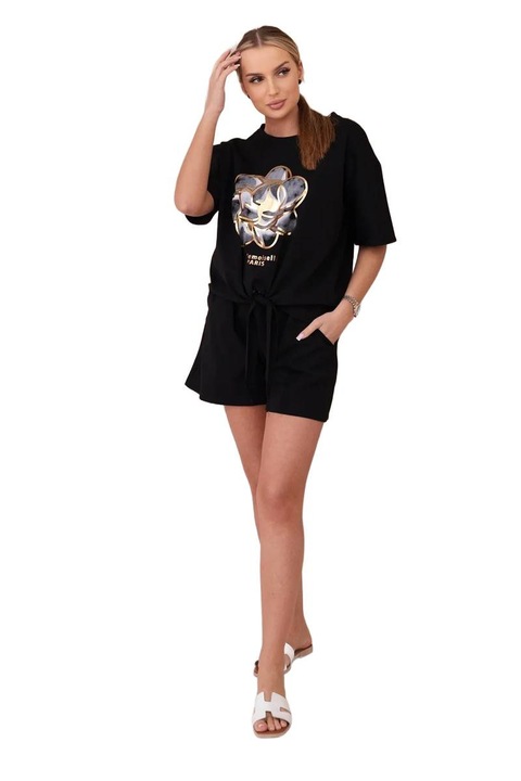 Set dama Wloski, bluza si pantaloni scurti, imprimeu, negru, bumbac-poliamida-elastan, One Size INTL