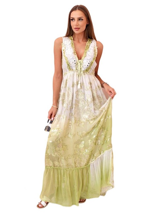 Rochie maxi Kesi, verde masliniu, broderie, decolteu adanc, 100% viscoza, S-L INTL
