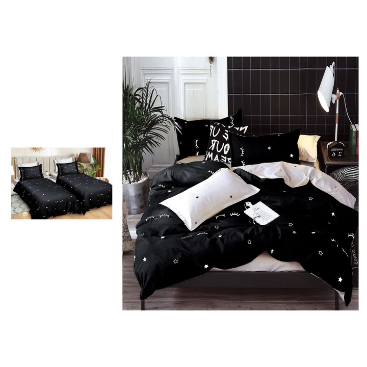 Set Lenjerie, CHIRASO, 7 piese, Bumbac Satinat, 160x220cm, 225x250cm, negru / crem