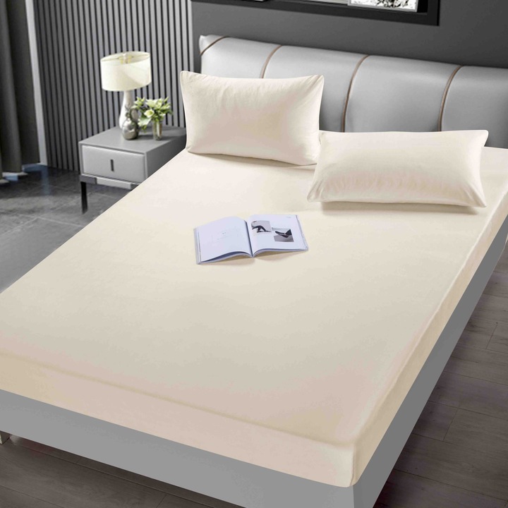 Set Husa de pat cu elastic CHIRASO, din CATIFEA, pentru saltele de 180x200cm si 160x200cm, include 2 Fete de Perna 50x74cm, UNI, crem