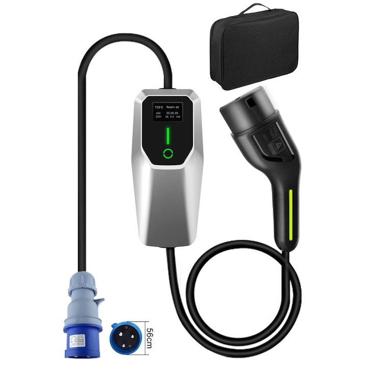 Cablu de incarcare pentru vehicule electrice, AWESAFE, 7,2 kW, curent reglabil (6/8/10/13/16 A), cablu de 8 m, Tip 2, curent monofazat, cu afisaj digital LED argintiu, include geanta de transport