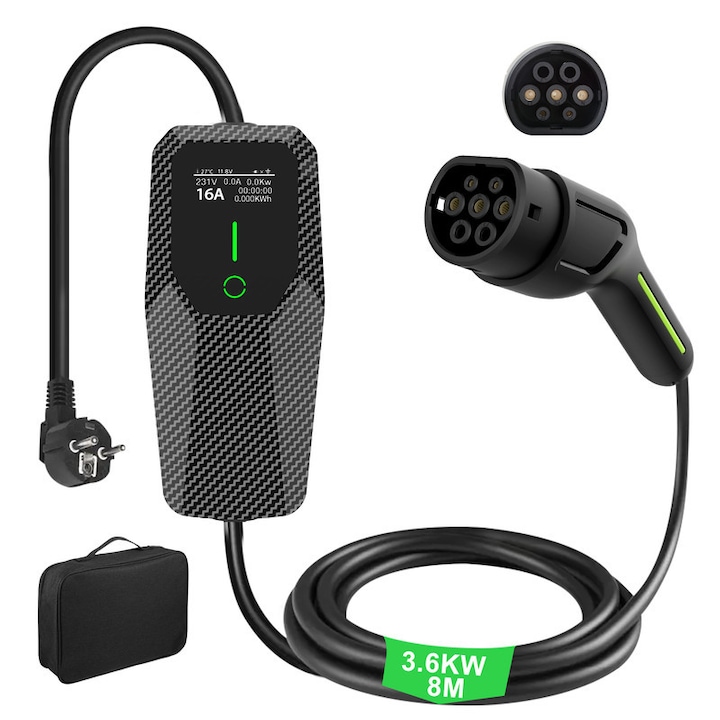 Cablu de incarcare masini electrice, AWESAFE, 3.6kW, curent ajustabil (6/8/10/13/16A), cablu 8m, tip 2, Curent monofazic, cu afisaj digital LED negru, Cu geanta de transport