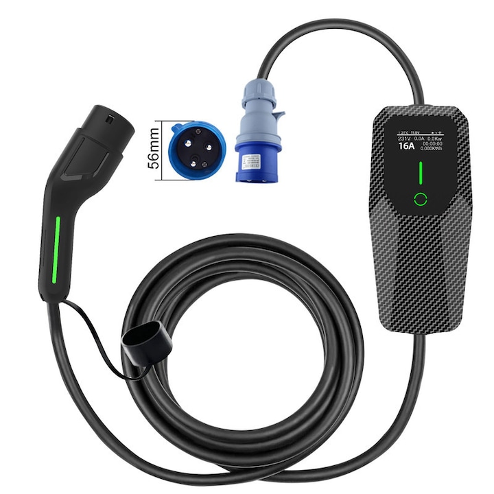 Cablu de incarcare masini electrice, AWESAFE, 7.2kW, curent ajustabil (6/8/10/13/16A), cablu 8m, tip 2, Curent monofazic, cu afisaj digital LED negru, Cu geanta de transport