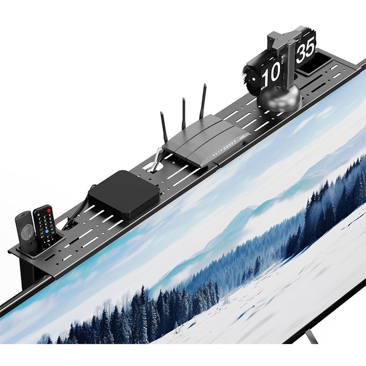 Регулируема горна опора за телевизор, Klenzo®, стомана, с 2 кутии за съхранение, монитор, стойка за телефон, WI-FI рутер, дистанционно управление, 90x11 см, черен