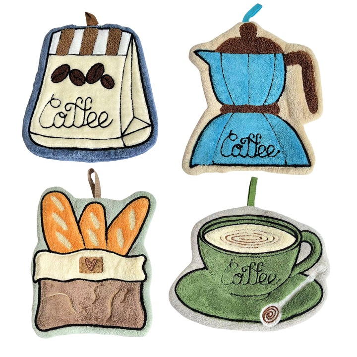 Комплект кухненски кърпи - тема кафе, 4 кърпи с различни десени: кафеварка, чаша за кафе, багета, чувал с кафе на зърна, размер 20-25 см, от коралов велур, син