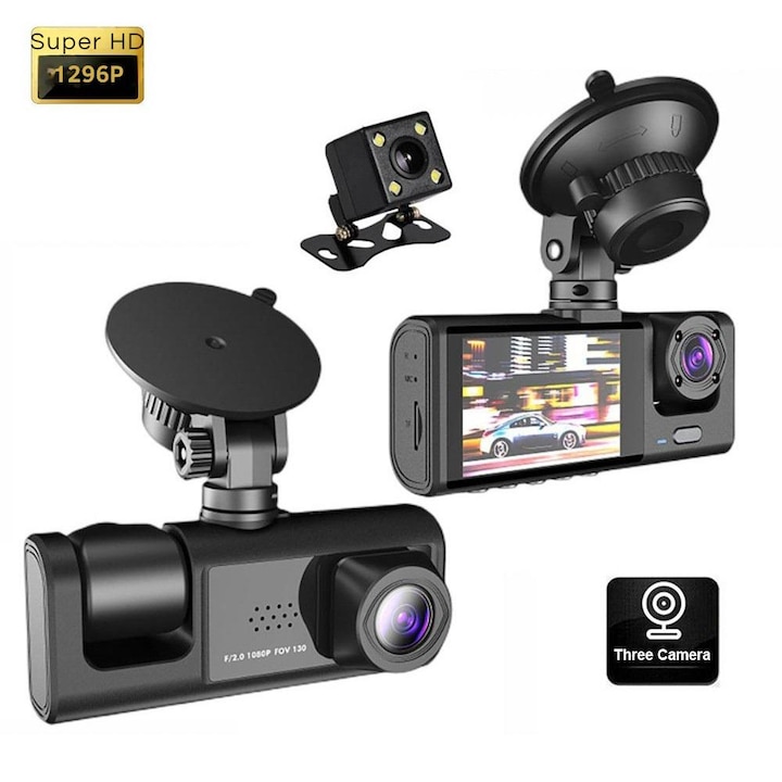 Camera auto DVR Black Box Super HD 1296P, Night Vision, G-Sensor, set complet cu suport, cabluri și card MicroSD 32GB