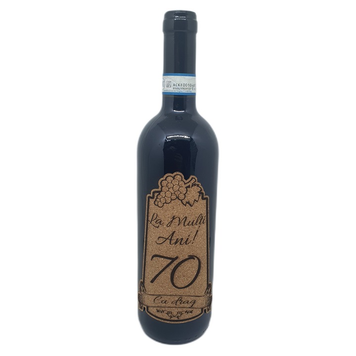 Vin rosu cabernet sauvignon personalizat cu mesaj, la multi ani 70, editie limitata, demisec, 750ml, 13.5% alcool