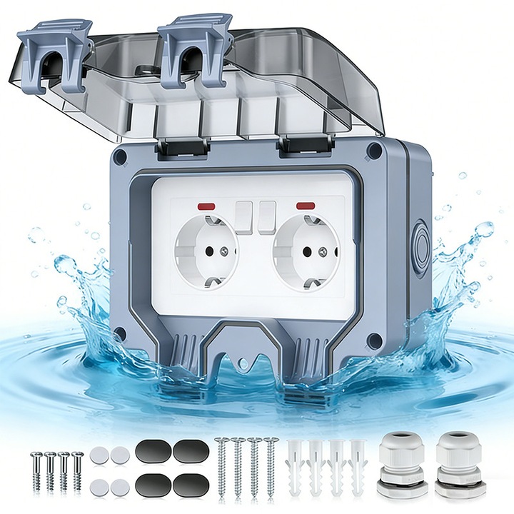 Priza impermeabila exterior, DONFANLIA®, cu indicator, cu intrerupatoare individuale, IP66, model standard european, 250V/16A, rezistenta la temperaturi, rezistenta la apa si praf, montare aparenta, 2 orificii, cu accesorii de montaj, gri