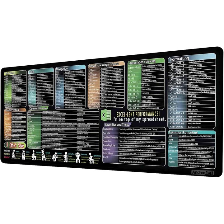 Mousepad XXL Office, 90x40 cm, formule si scurtaturi Excel, antiderapant, negru