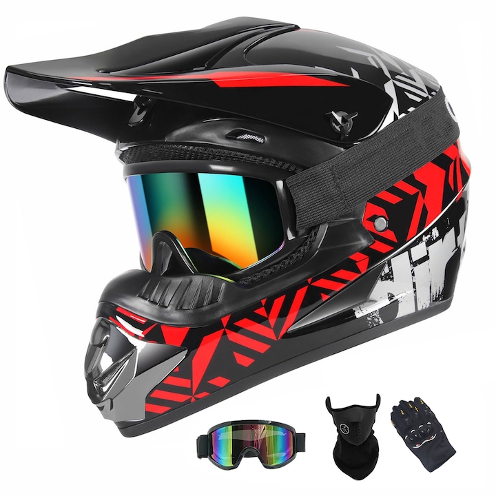 Комплект каска за мотоциклет, VPUINEFE, очила и балаклава, твърди ръкавици, за мотоциклети, крос, ATV, мръсен велосипед, размер M, ABS, DOT сертификация, свалящ се вътрешен елемент, черен, червен