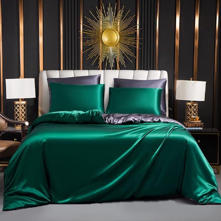 Szatén ágyneműgarnitúra, 200 x 220 cm, + 2 db-os párnahuzat-szett 80 x 80 cm, sötétzöld - CN